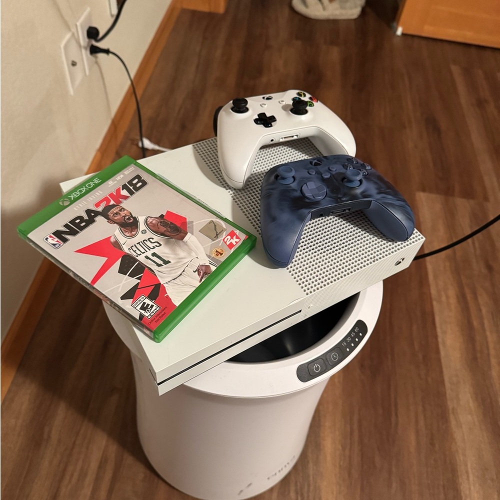 Xbox with White and Blue Controllers & Games
